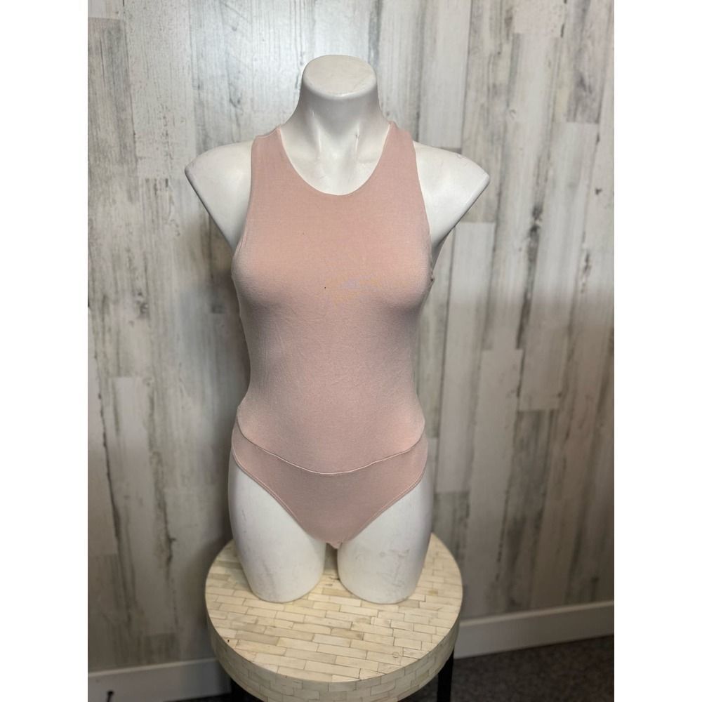 Forever 21 Blush Pink Ribbed Bodysuit Womens Size Small S High Neck Tank Leotard
